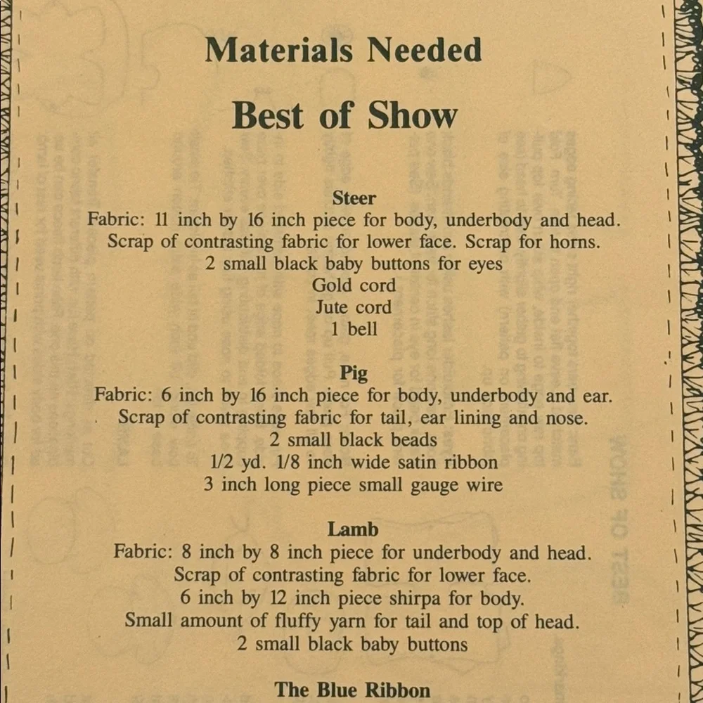 NEW Tomorrow Treasures Craft Pattern Best Of Show Uncut Pig Lamb Steer Ribbon 86